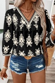 Black Ethnic Abstract Print Puff Sleeve V Neck Blouse (size: (US 12-14)L)