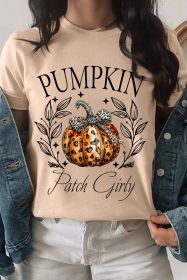 Khaki PUMPKIN Patch Girly Leopard Bowknot Pumpkin Graphic T Shirt (size: (US 12-14)L)