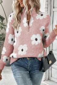 Pink Vintage 60s Floral Pattern Half Zip Collar Drop Shoulder Sweater (size: (US 12-14)L)