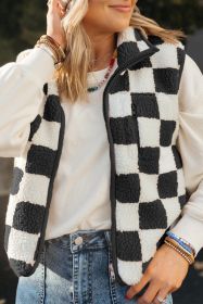 Black Checkered Sherpa Collared Jacket Vest (size: (US 12-14)L)