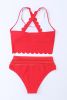 Red Scalloped Trim Criss Cross Contrast Mesh Two Piece Swimsuit