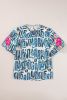 Blue Abstract Print Plus Size Floral Puff Sleeve Blouse