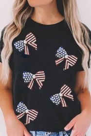 Black Sequined Flag Bowknot Graphic Roll Up Sleeve T Shirt (size: (US 18-20)2XL)