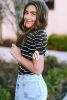 Black Striped Drawstring Sleeve Knitted T Shirt