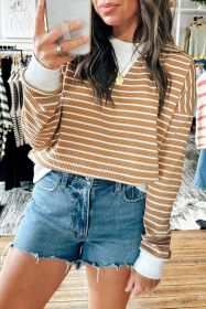 Khaki Striped Textured Round Neck Long Sleeve Top (size: (US 8-10)M)