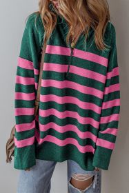 Green Striped Collared Quarter Zip Oversized Sweater (size: (US 12-14)L)