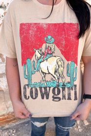 Khaki Cowgirl Slogan Print Rodeo Graphic Tee (size: (US24-26)3XL)