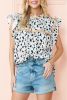 White Leopard Print Frilled Neck Ruffle Blouse
