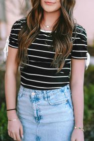 Black Striped Drawstring Sleeve Knitted T Shirt (size: (US24-26)3XL)
