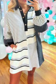 Black Stripe Colorblock Long Sleeve Collar Half Buttons Mini Dress (size: (US 8-10)M)