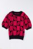 Red Rugby Checkered Color Block Puff Sleeve Knit Top
