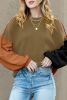 Pickle Green Colorblock Bishop Sleeve Exposed Seam Ribbed Sweater