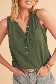 Jungle Green Half Button V Neck Patched Pocket Tank Top (size: (US 8-10)M)