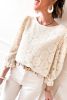 Oatmeal Flower Jacquard Button Back Ruffle 3/4 Sleeve Blouse