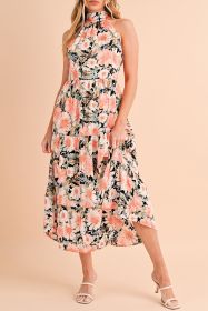 Black Knotted Halter Floral Print Ruffle Tiered Maxi Dress (size: (US 8-10)M)