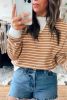 Khaki Striped Textured Round Neck Long Sleeve Top