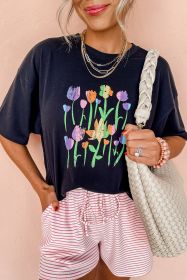 Black Floral Graphic Crewneck Drop Sleeve T Shirt (size: (US 12-14)L)