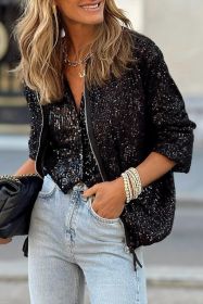 Black Sequin Zipper-up Jacket (size: (US24-26)3XL)