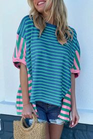 Blue Stripe Patchwork Slits Baggy T Shirt (size: (US 12-14)L)