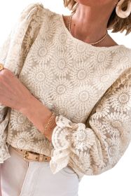Oatmeal Flower Jacquard Button Back Ruffle 3/4 Sleeve Blouse (size: (US 12-14)L)