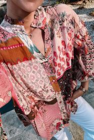 Red Boho Abstract Patchwork Bubble Sleeve Blouse (size: (US 12-14)L)