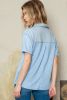 Sky Blue Acid Wash Waffle Knit Short Sleeve Buttoned Blouse