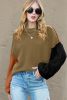 Pickle Green Colorblock Bishop Sleeve Exposed Seam Ribbed Sweater