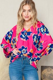 Rose Floral Print V Neck Puff Sleeve Blouse (size: (US 12-14)L)