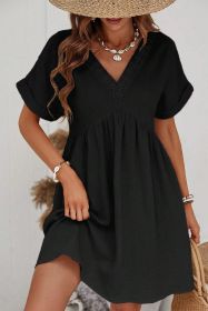 Black Folded Short Sleeve Lace V Neck Mini Dress (size: (US 12-14)L)
