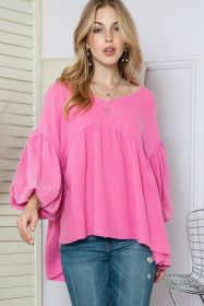 Pink Crinkled Lantern Sleeve Babydoll Blouse (size: (US 12-14)L)