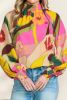 Multicolor Abstract Print Shirred Cuffs Boho Blouse