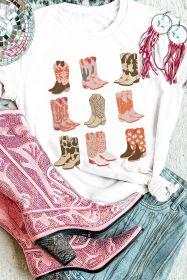 White Mixed Boots Graphic Round Neck Roll Up Sleeve T Shirt (size: (US 12-14)L)