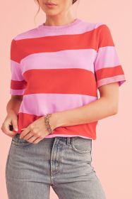 Bright Pink Colorblock Knitted Round Neck T Shirt (size: (US 8-10)M)