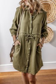 Jungle Green Textured Bracelet Sleeve Button Up Mini Dress (size: (US 8-10)M)