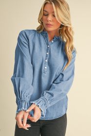 Sky Blue Frilled Raw Hem Half Buttoned Denim Top (size: (US 8-10)M)