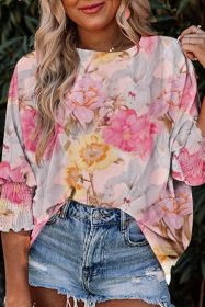 Pink Shirred Cuffs 3/4 Sleeve Loose Fit Floral Blouse (size: (US 12-14)L)