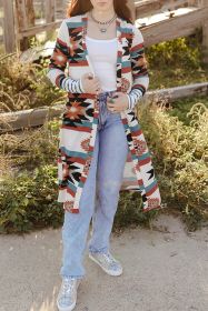Multicolor Striped Cuffs Geometric Print Color Block Long Cardigan (size: (US 18-20)2XL)