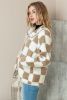 Brown Checked Snap Button Zip Pockets Sherpa Jacket