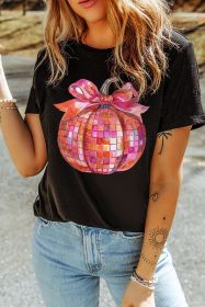 Black Bow Pumpkin Graphic Crewneck Thanksgiving T Shirt (size: (US24-26)3XL)