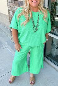 Mint Green Textured Batwing Sleeve Tee & Wide Leg Pants Plus Size Set (size: (US 18W-20W)2X)