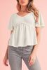 Oatmeal Shirred V Neck Short Flutter Sleeve Textured Blouse