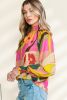 Multicolor Abstract Print Shirred Cuffs Boho Blouse