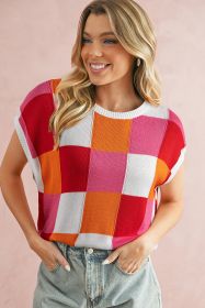Fiery Red Checkered Color Block Cap Sleeve Knitted Top (size: (US24-26)3XL)