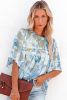 Light Blue Paisley Print Flounce Sleeves Loose Blouse