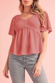 Tomato Red Shirred V Neck Short Flutter Sleeve Textured Blouse (size: (US 20-22)2XL)
