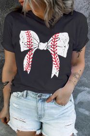 Black Baseball Bowknot Graphic Crewneck Plus Size T Shirt (size: (US 18W-20W)2X)