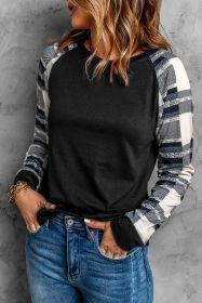 Monochrome Plaid Long Sleeves Black Pullover Top (size: (US 8-10)M)
