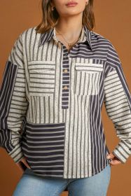 Black Striped Patchwork Button-up Long Sleeve Shirt With Pocket (size: (US 8-10)M)