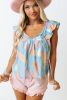 Light Blue Abstract Print Ruffle Sleeveless Blouse