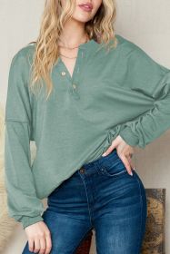Pale Green Solid Color V Neck Drop Long Sleeve Top (size: (US 12-14)L)